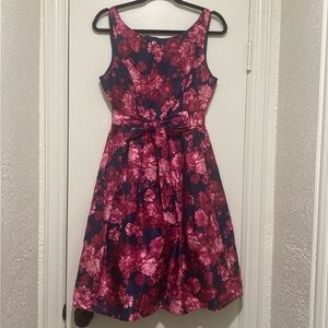 Jessica Howard Navy and Pink Floral Pleated Dress with Pockets